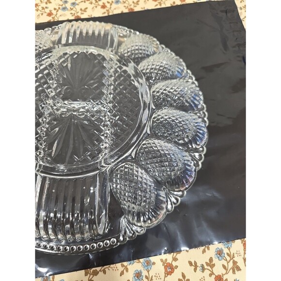 Vtg LE Smith Cut Glass Deviled Egg Plate Relish Platter Pineapple Round 10.5" - Picture 8 of 8